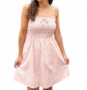 NEW HEM & THREAD smocked stripe mini dress in pink & cream
